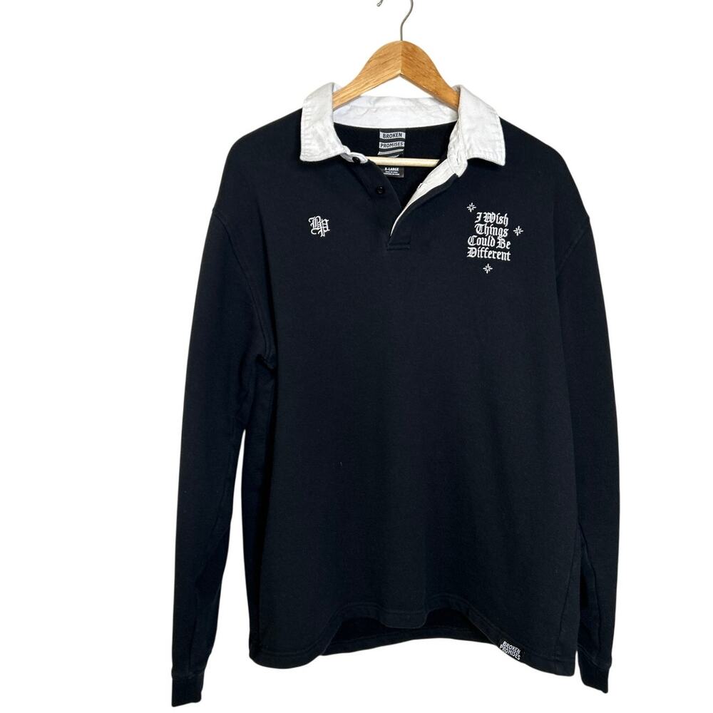 Broken Promises Men's Wishful Thinking Black Rugby Shirt‎ XL Bold Logo